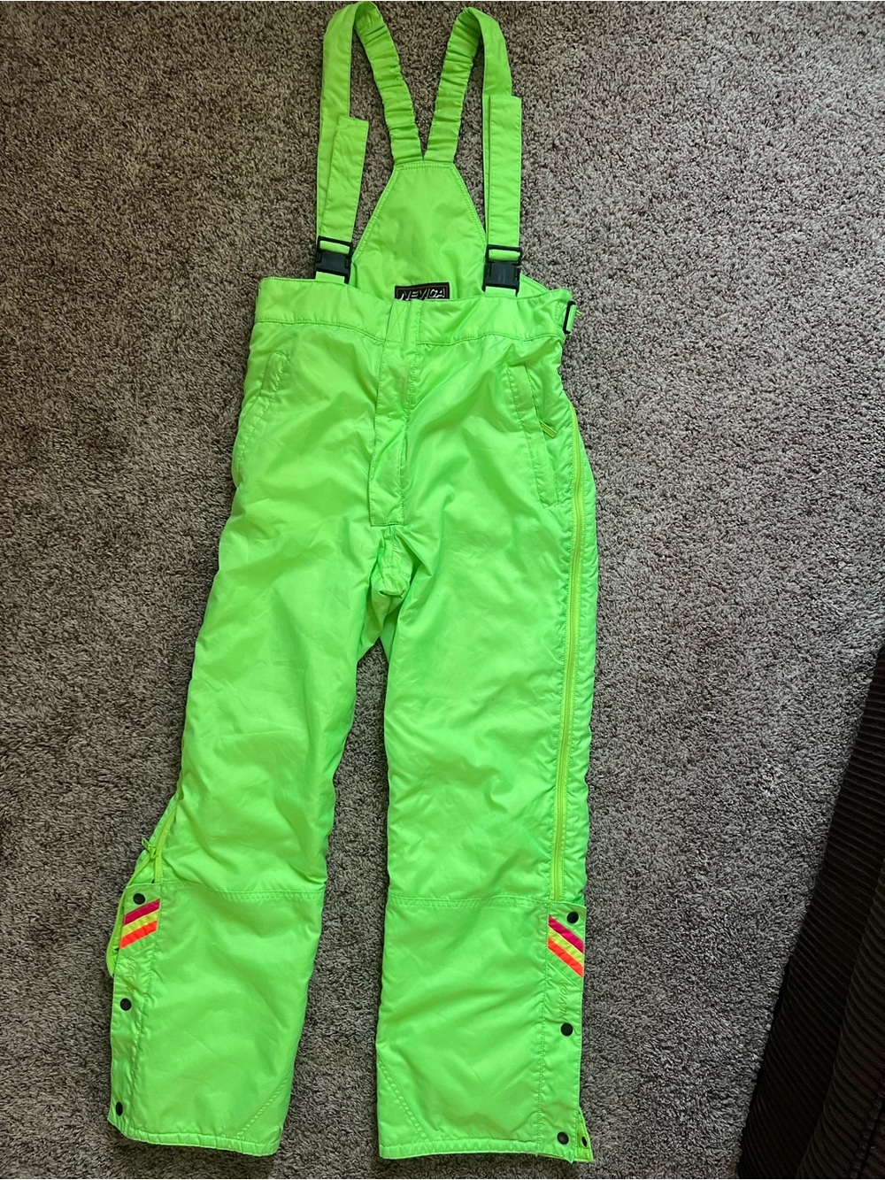 Vintage Nevica Green Ski Bibs Snow Pants Suspenders Entrant Fabric Rainbow YKK